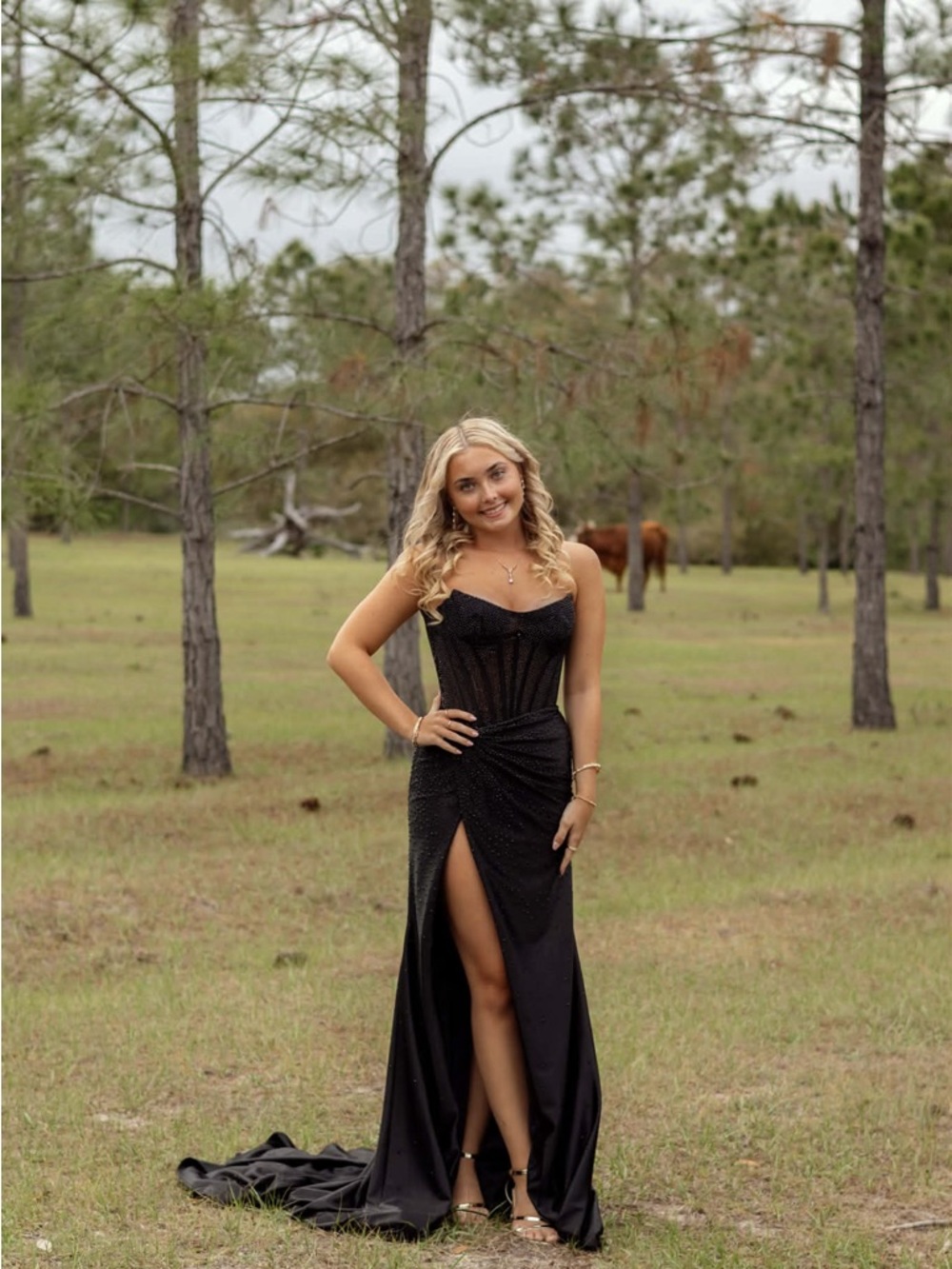 Sherri hill 56620 size 0 Sparkle Corset Long Prom Dress black rhinestones ruched